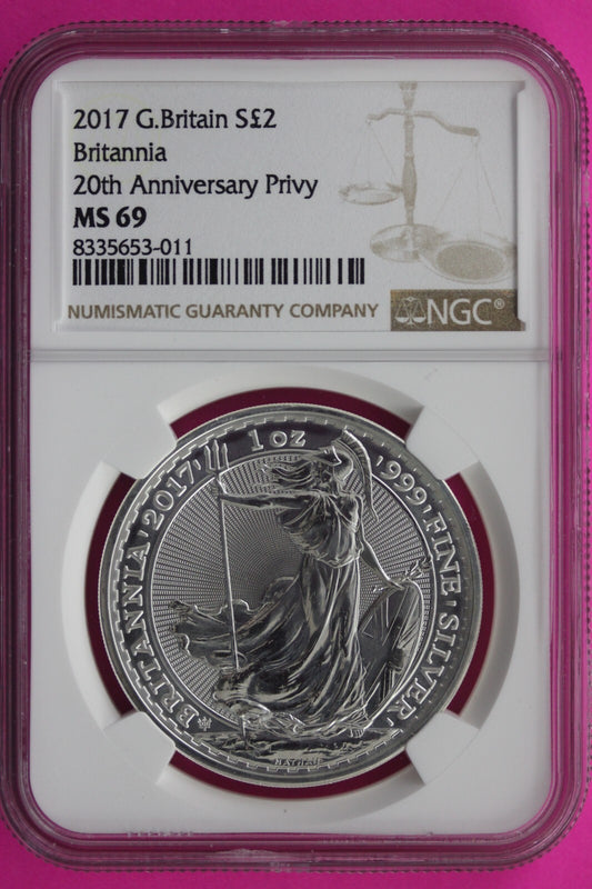 2017 MS 69 Great Britain £2 Britannia 20th Anniversary Privy NGC Graded Slab 729