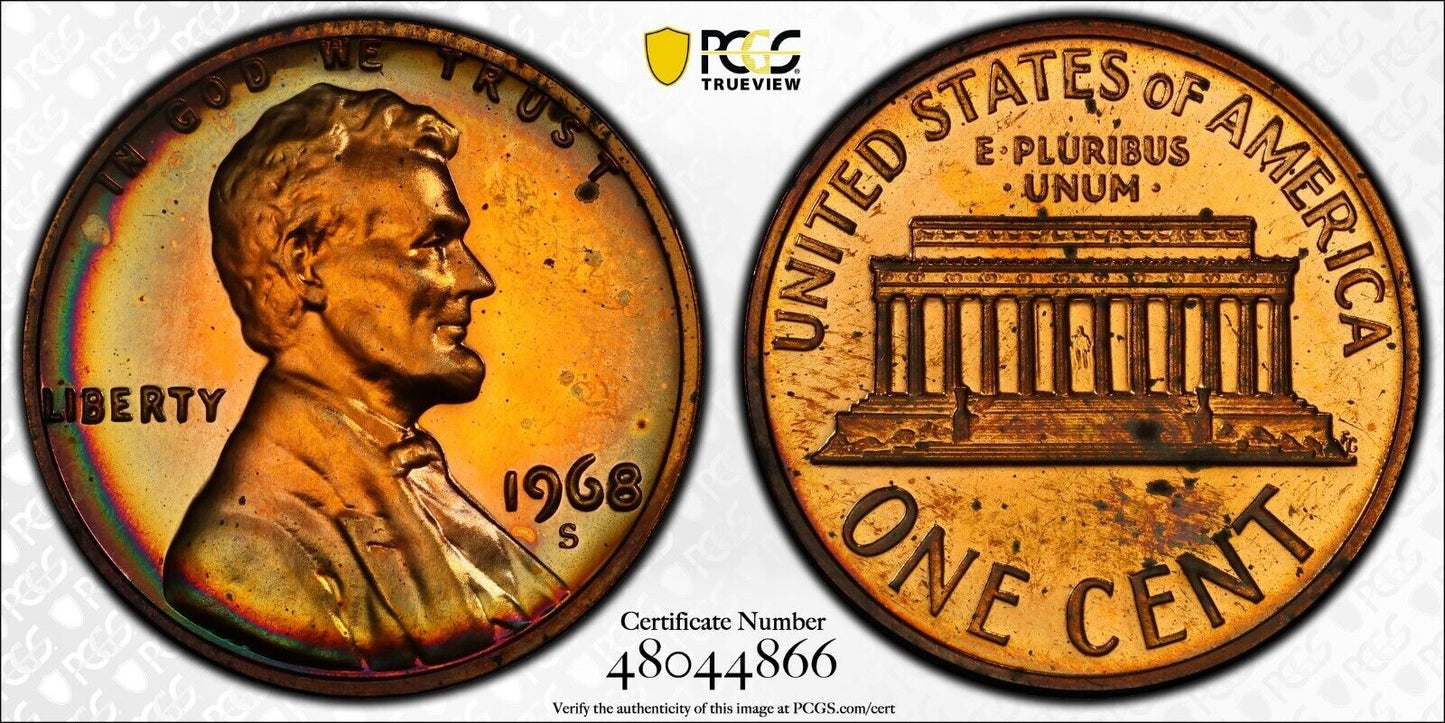 Rainbow Toned 1968 S PR 68 RD Abraham Lincoln Memorial Cent PCGS Trueview 1592