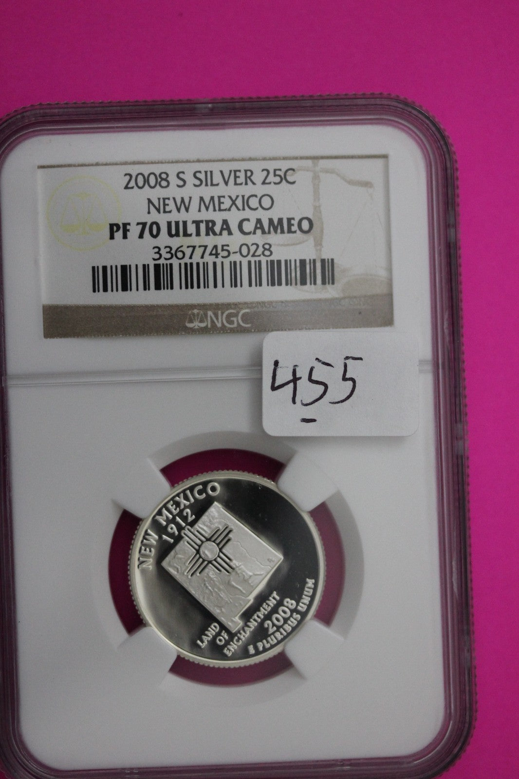 2008 S PF 70 New Mexico Silver State Quarter NGC Certified Authentic Slab 455