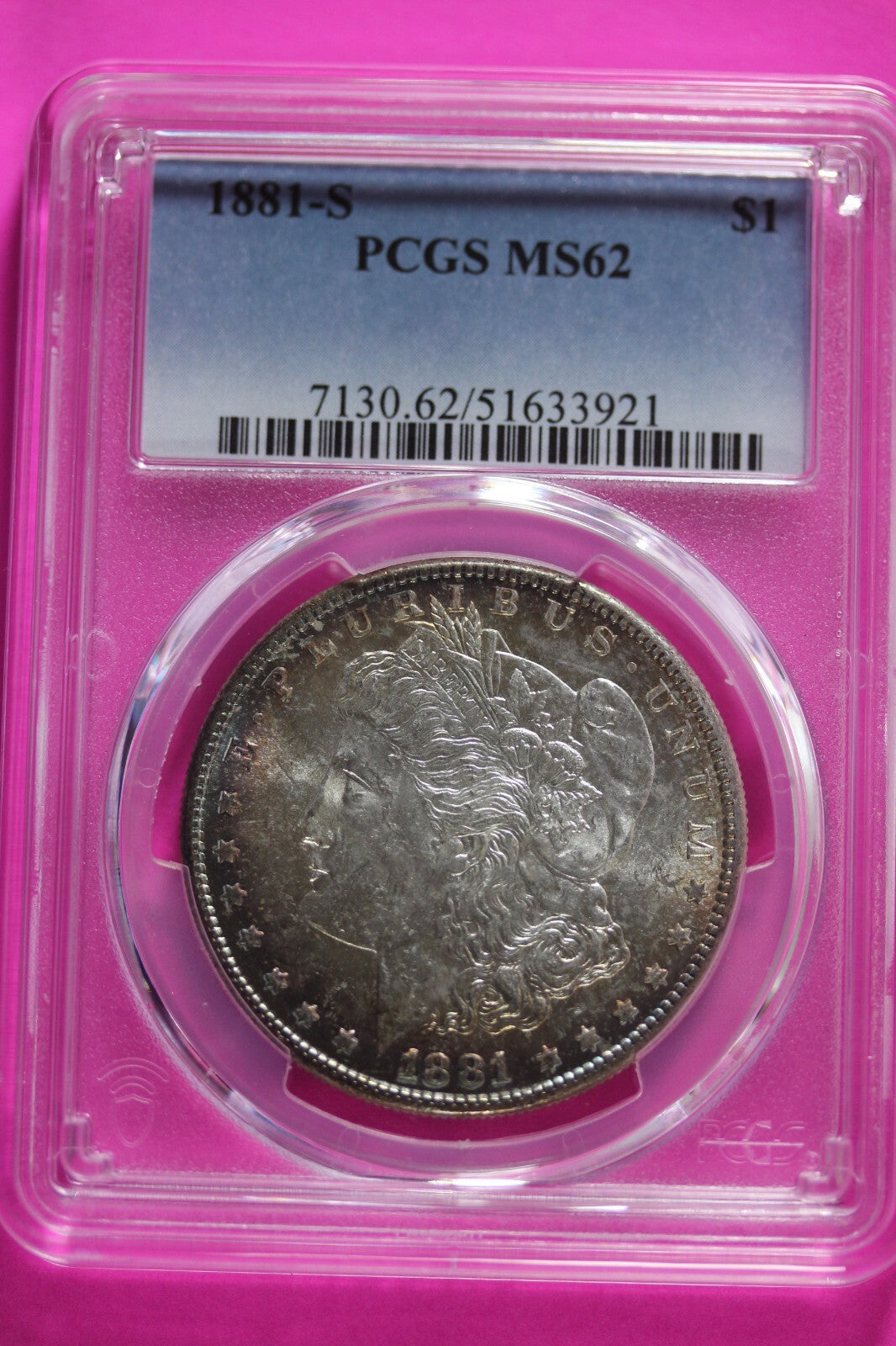 Nicely Toned 1881 S MS 62 Liberty Morgan Silver Dollar PCGS Certified Slab 764