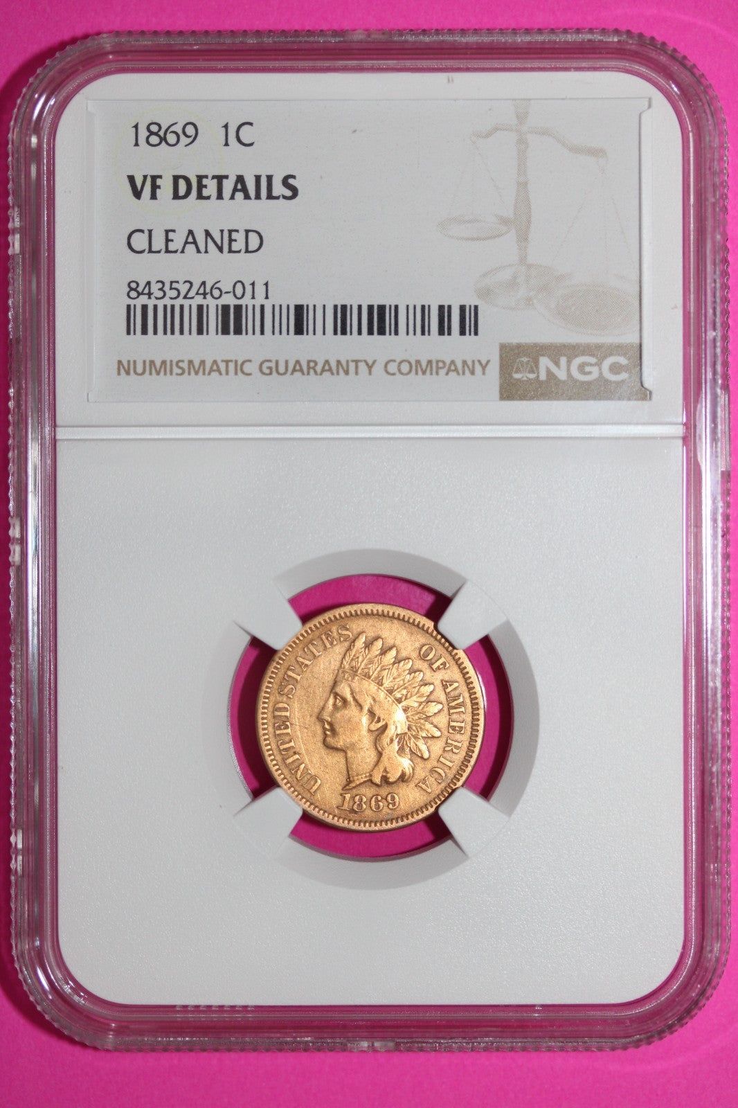 1869 Indian Head Cent Penny VF Details Cleaned NGC Certified Authentic Slab 900