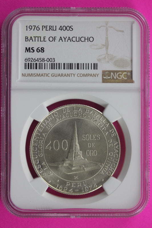 Top Pop 2 Known 1976 MS 68 Peru Battle Of Ayacucho 400S Silver Coin NGC Slab 531