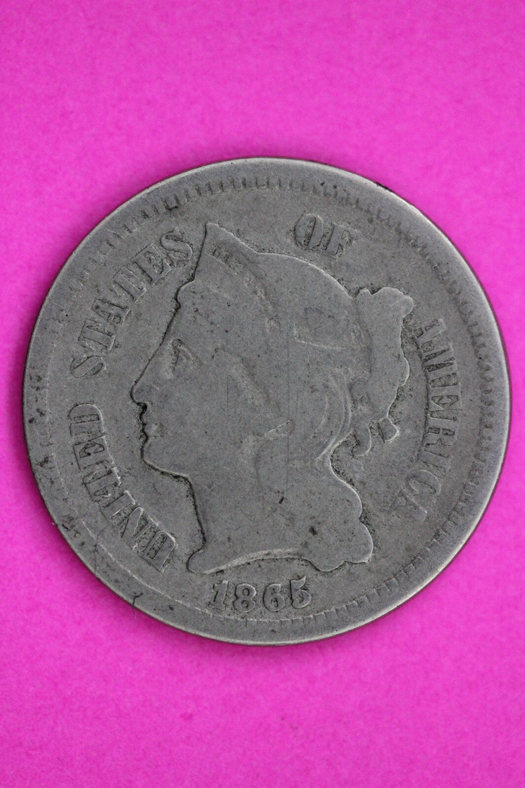 1865 Three 3 Cent Nickel Guaranteed Authentic & Genuine Fast Free Shipping 1313