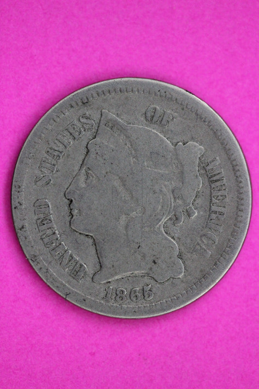 1865 Three 3 Cent Nickel Guaranteed Authentic & Genuine Fast Free Shipping 1313