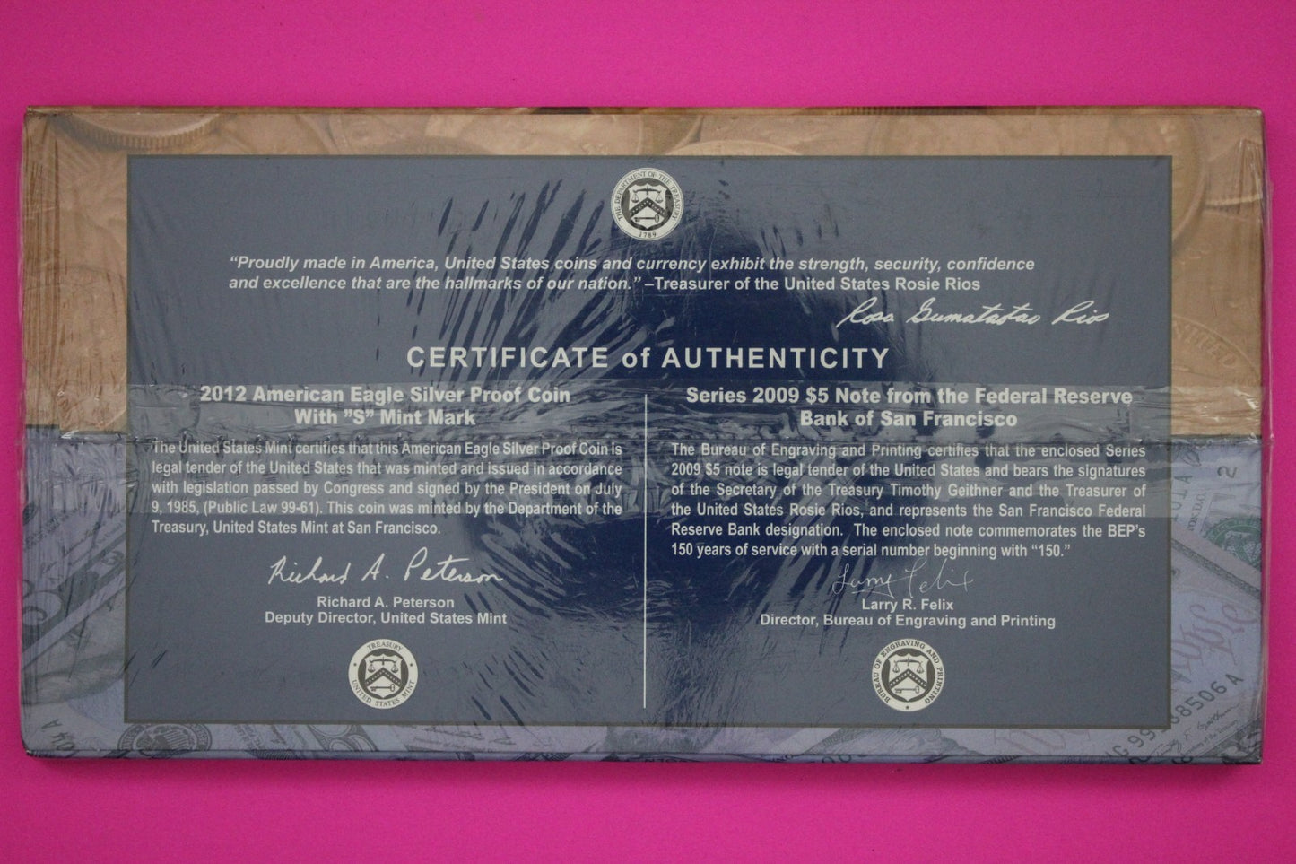 Mint Sealed 2012 Coin & Currency Set Proof 1 OZ Silver Eagle & $5 Note COA 9014