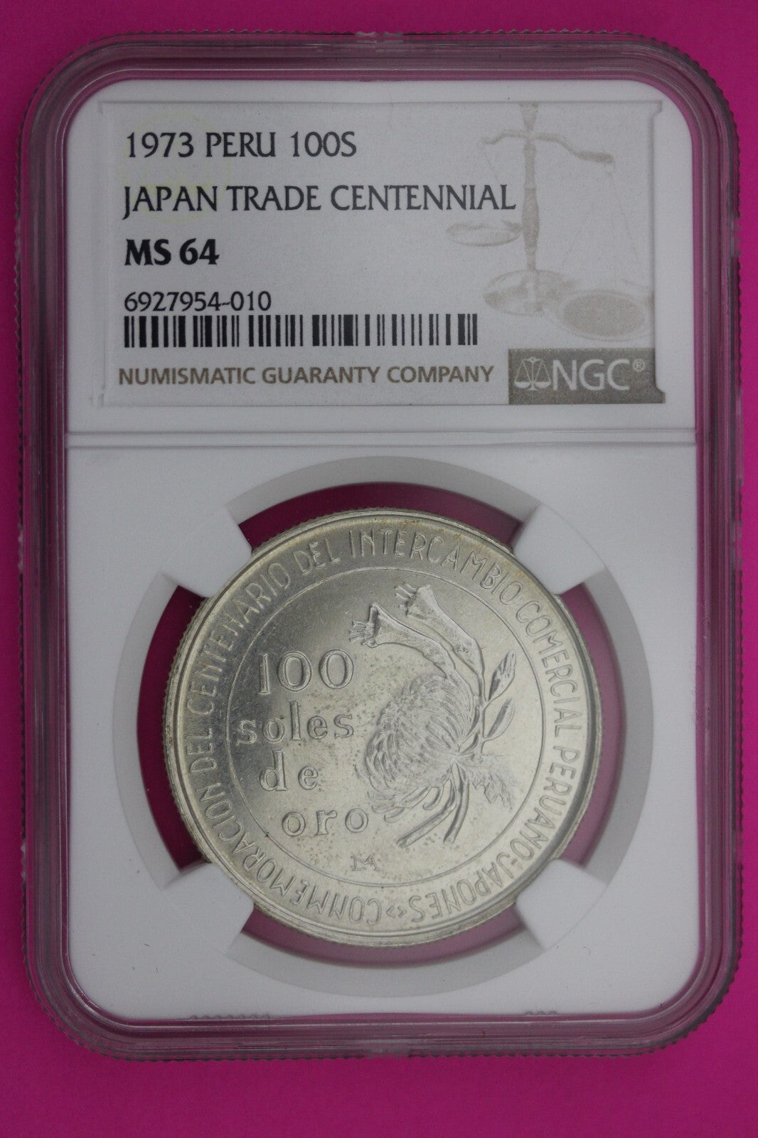 1973 MS 64 Peru 100 Soles Japan Trade Centennial Silver Coin NGC Certified 215