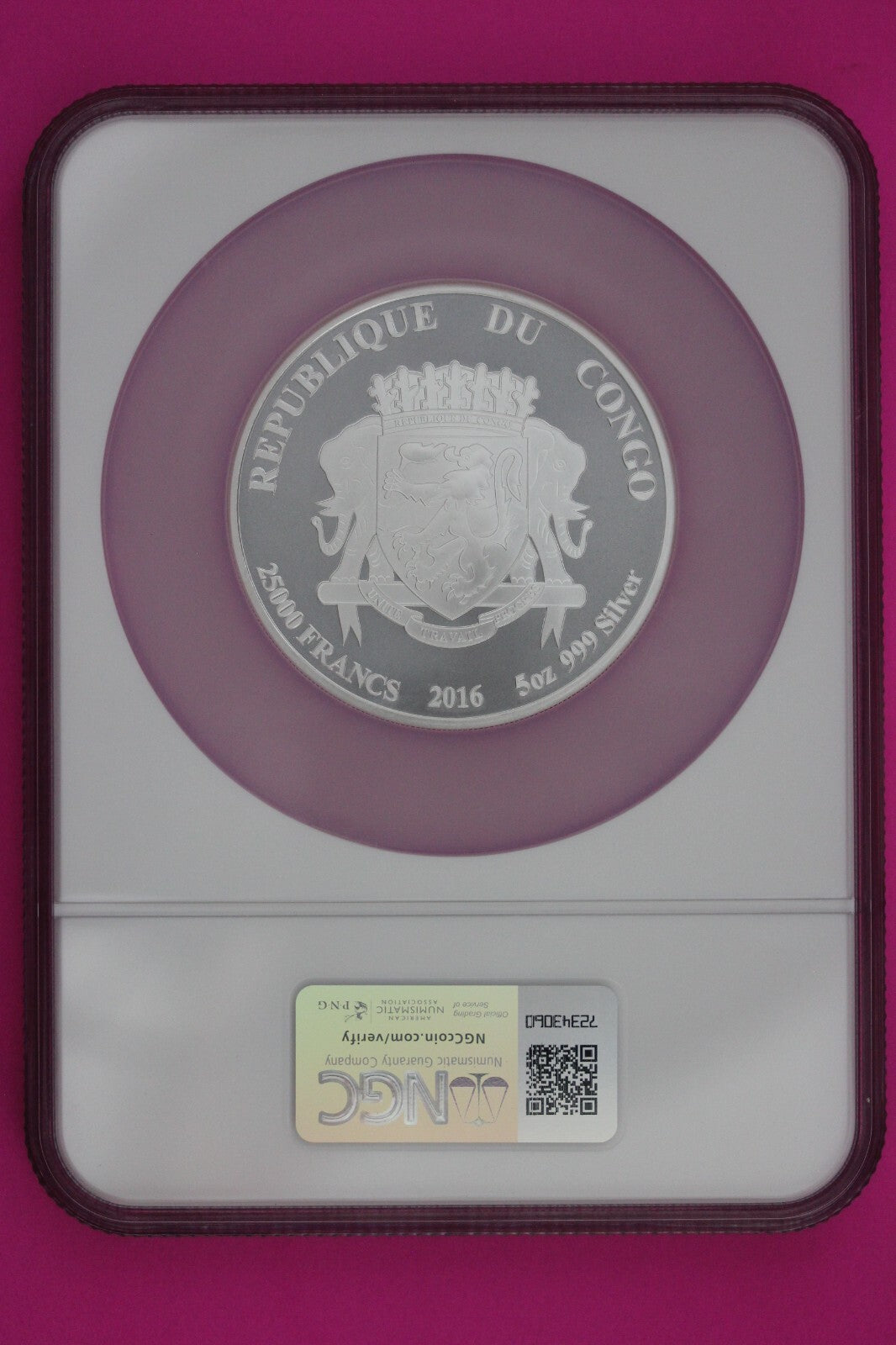 2016 MS 69 5 OZ Congo African Lion 25 ,000 Francs .999 Silver NGC Certified 7001