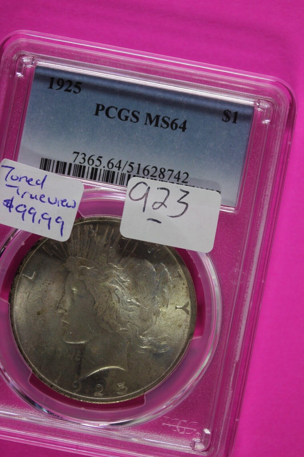 Toned 1925 P MS 64 Peace Silver Dollar PCGS Graded Certified Authentic Slab 923