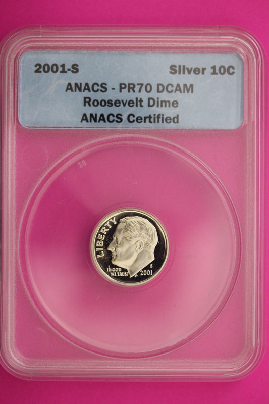 2001 S PR 70 Roosevelt Silver Dime Deep Cameo ANACS Certified Graded Slab 414