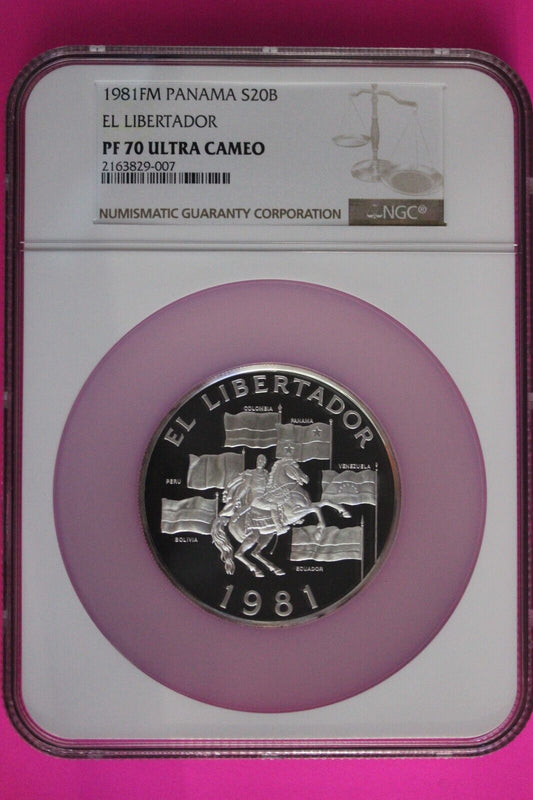 Top Pop 1981 Panama Silver 20 Balboas PF 70 Ultra Cameo NGC Graded Slab 7074