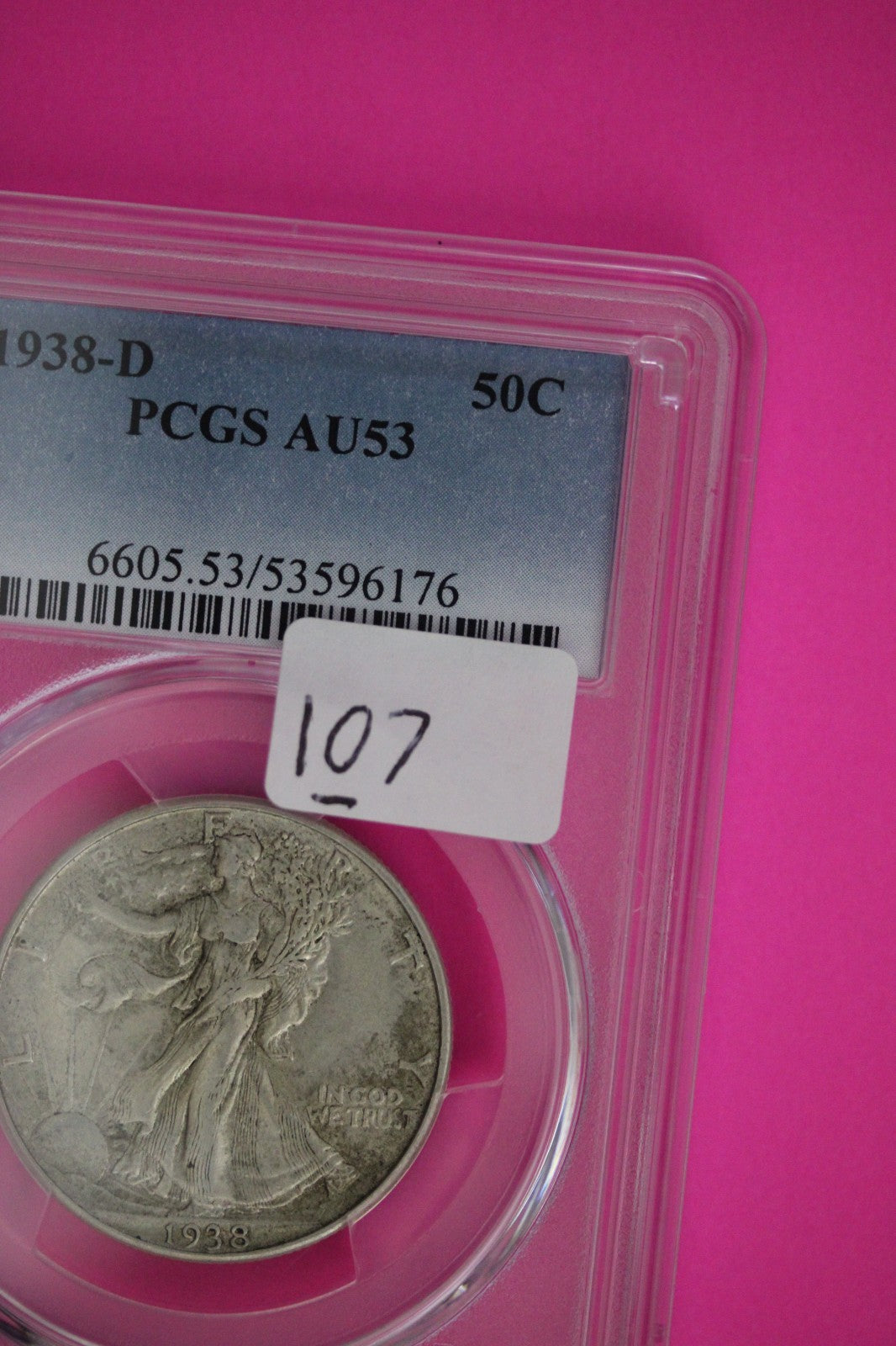 1938 D AU 53 Walking Liberty Silver Half Dollar Walker PCGS Certified Slab 107