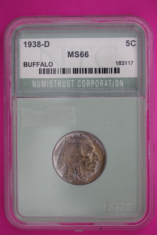 Toned Gem Uncirculated 1938 D Buffalo Nickel Guaranteed Authentic Coin Slab 523