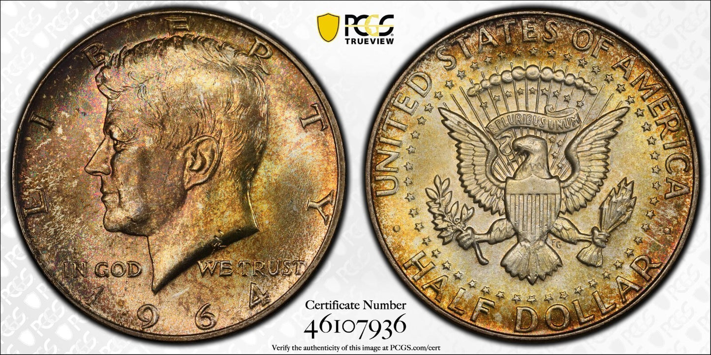 Toned Color 1964 P MS 65 John Kennedy Half Dollar PCGS Graded Truview Slab 60