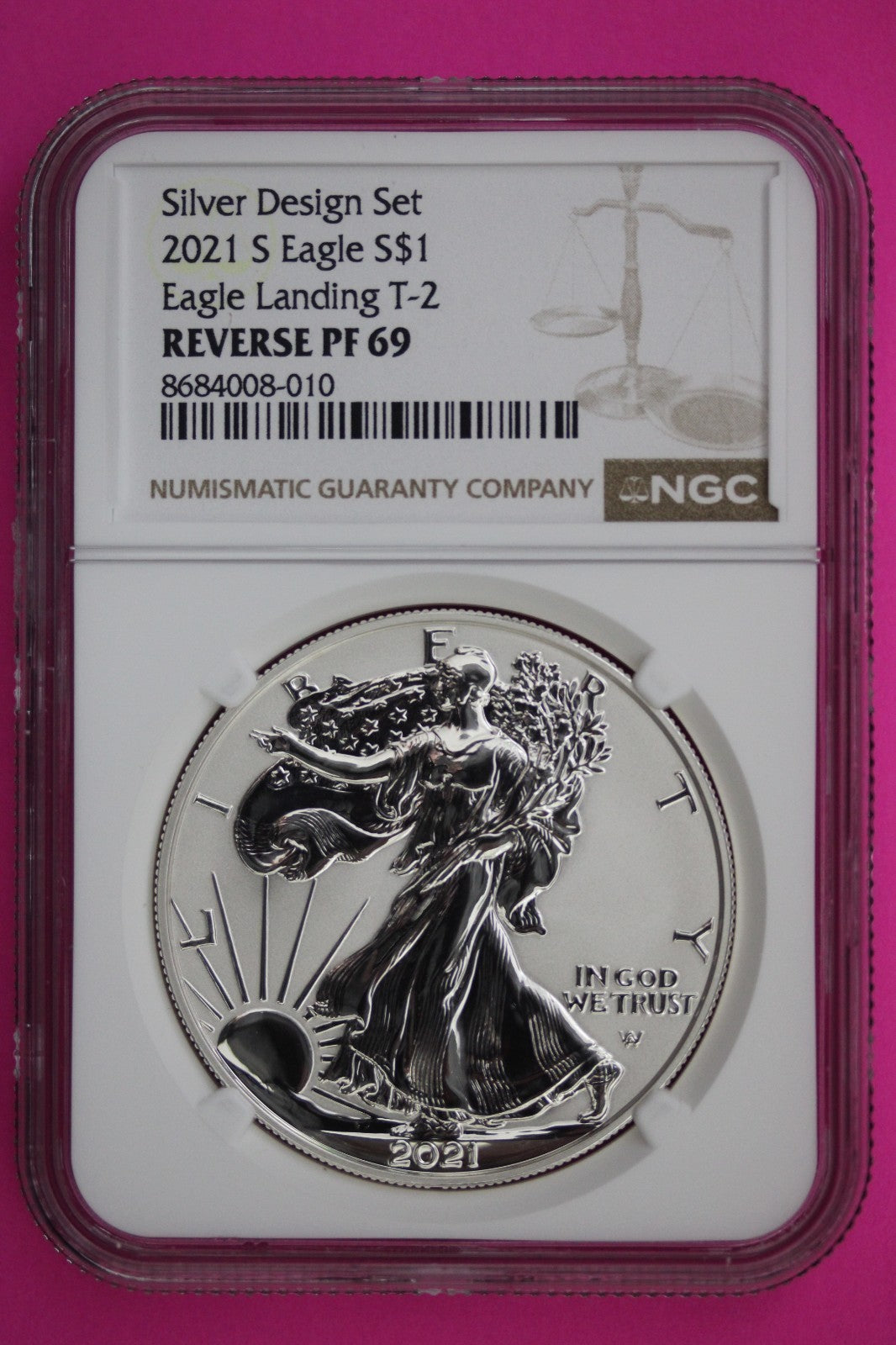 2021 S T2 Reverse Proof Silver Eagle PF 69 One Coin From Design Set NGC Slab 80