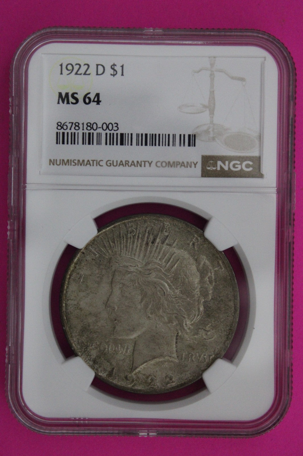 1922 D MS 64 Liberty Peace Silver Dollar NGC Certified Graded Authentic 705