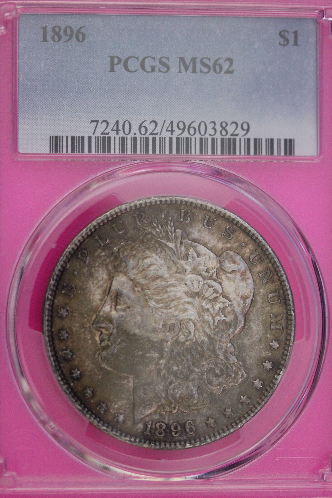 Toned 1896 P MS 62 Morgan Liberty Silver Dollar PCGS Certified Slab 12