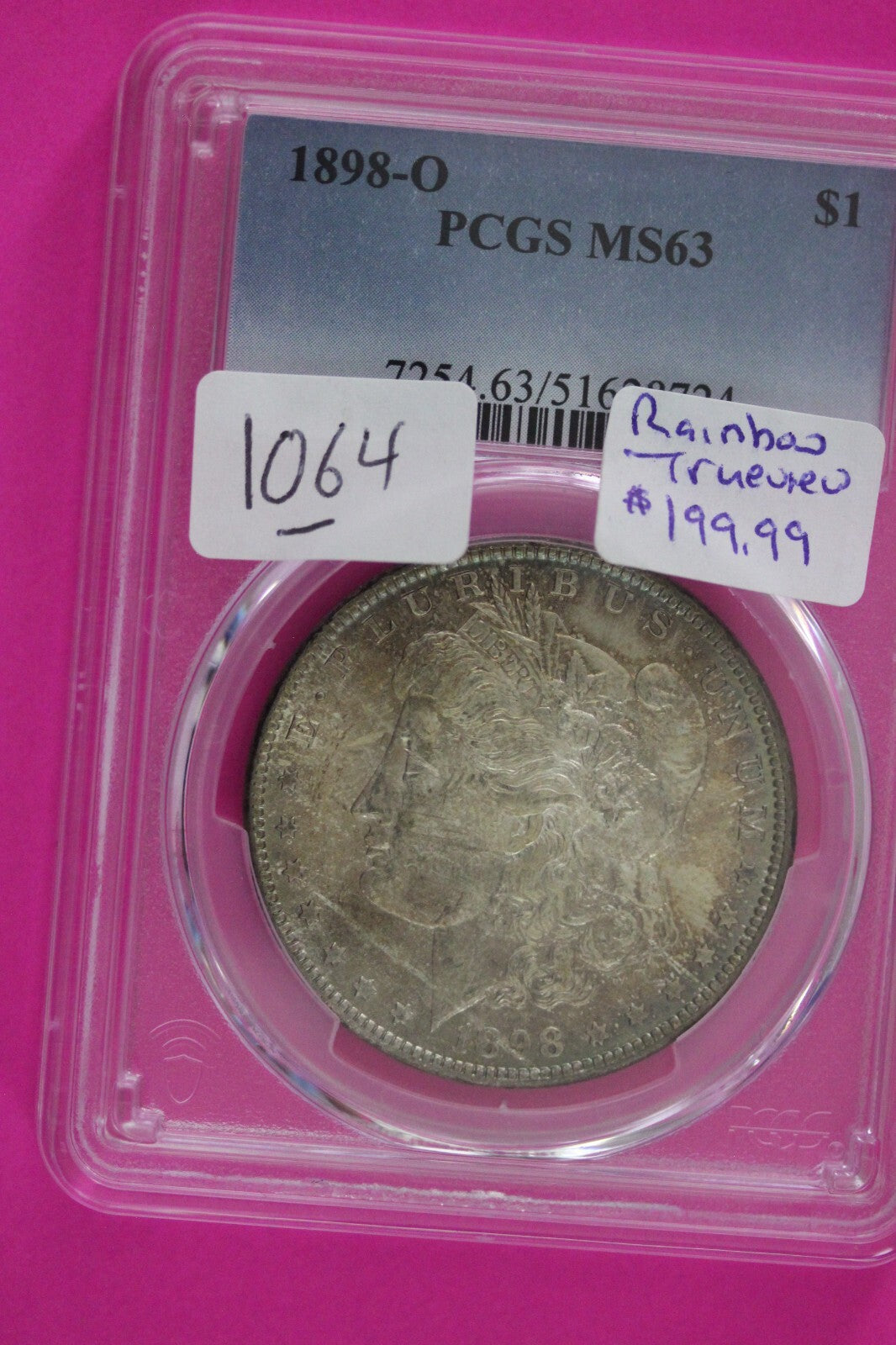 Toned 1898 O MS 63 Liberty Morgan Silver Dollar PCGS Certified Graded Slab 1064