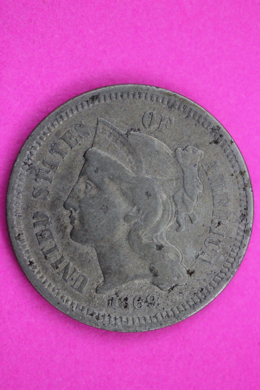1869 Three 3 Cent Nickel Scarce Semi Key Date Type Coin Philadelphia Mint 273