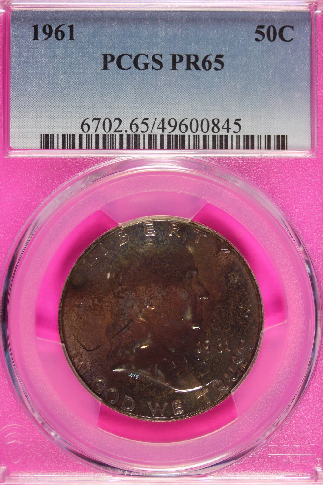 Rainbow Toned 1961 Silver PR 65 Ben Franklin Half PCGS Graded Authentic Slab 170