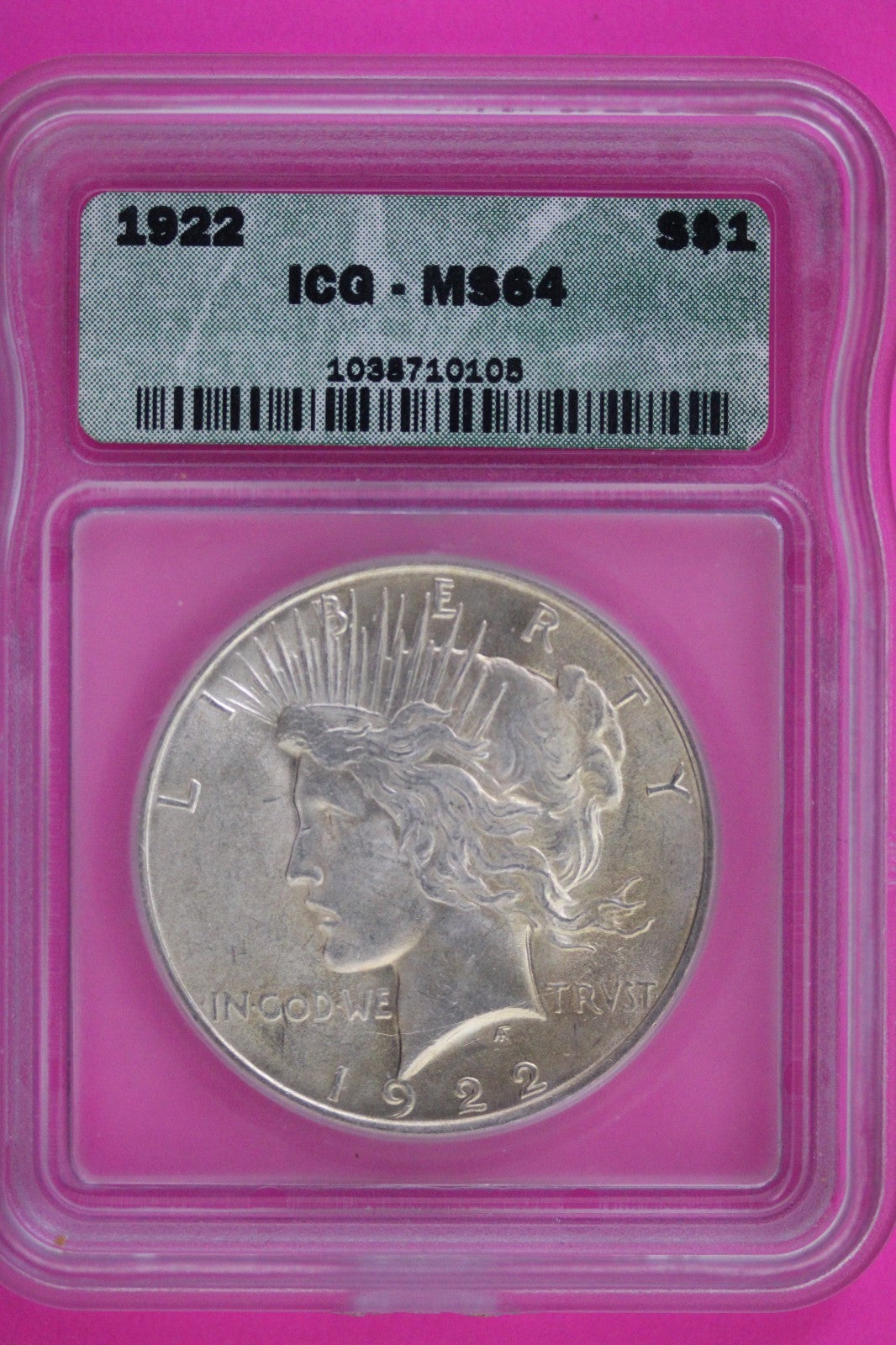 1922 P MS 64 Liberty Peace Silver Dollar ICG Certified Authentic Graded Slab 167