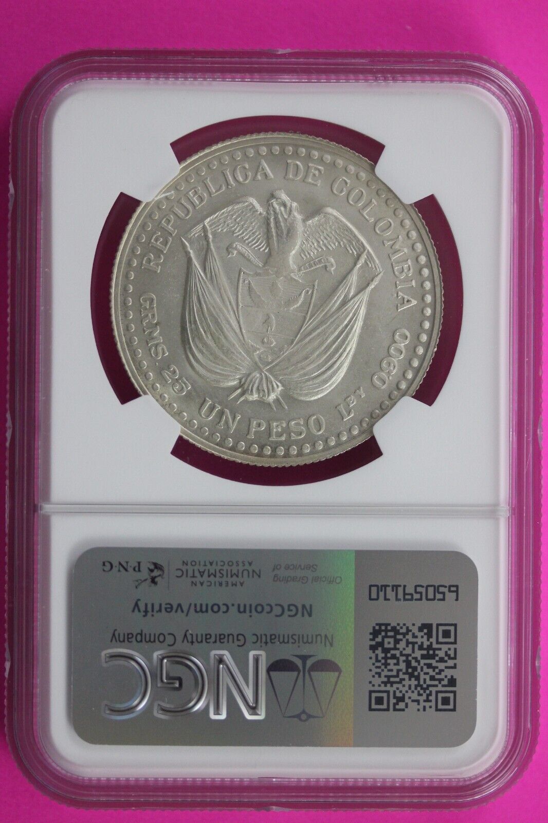 1956 MS 66 Colombia Peso Popayan Mint Anniversary Silver Coin NGC Graded 544
