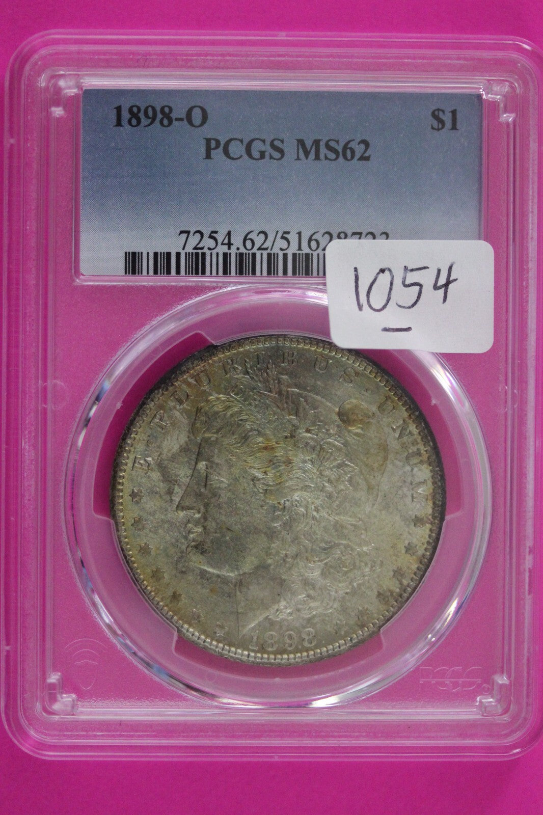 Toned 1898 O MS 62 Liberty Morgan Silver Dollar PCGS Certified Graded Slab 1054