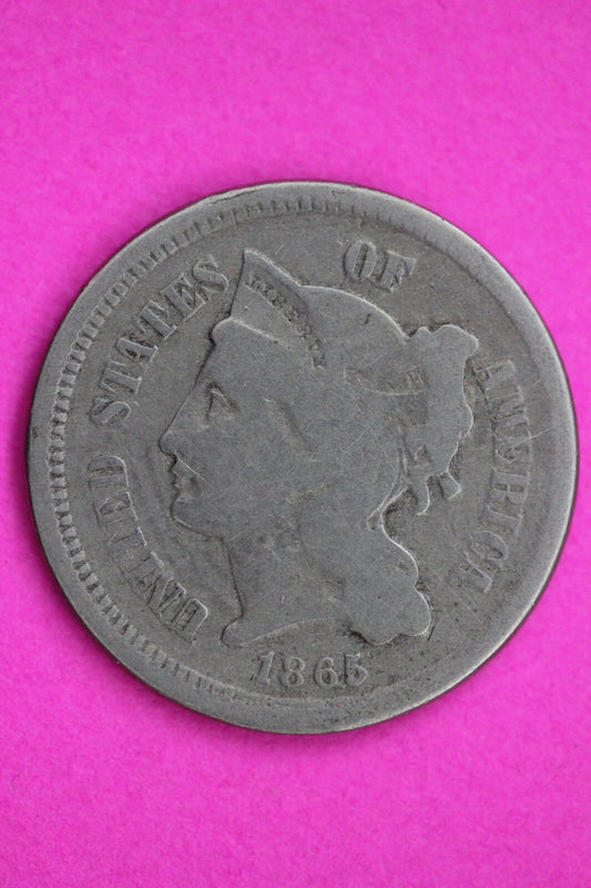1865 Three 3 Cent Nickel Guaranteed Authentic & Genuine Fast Free Shipping 1304