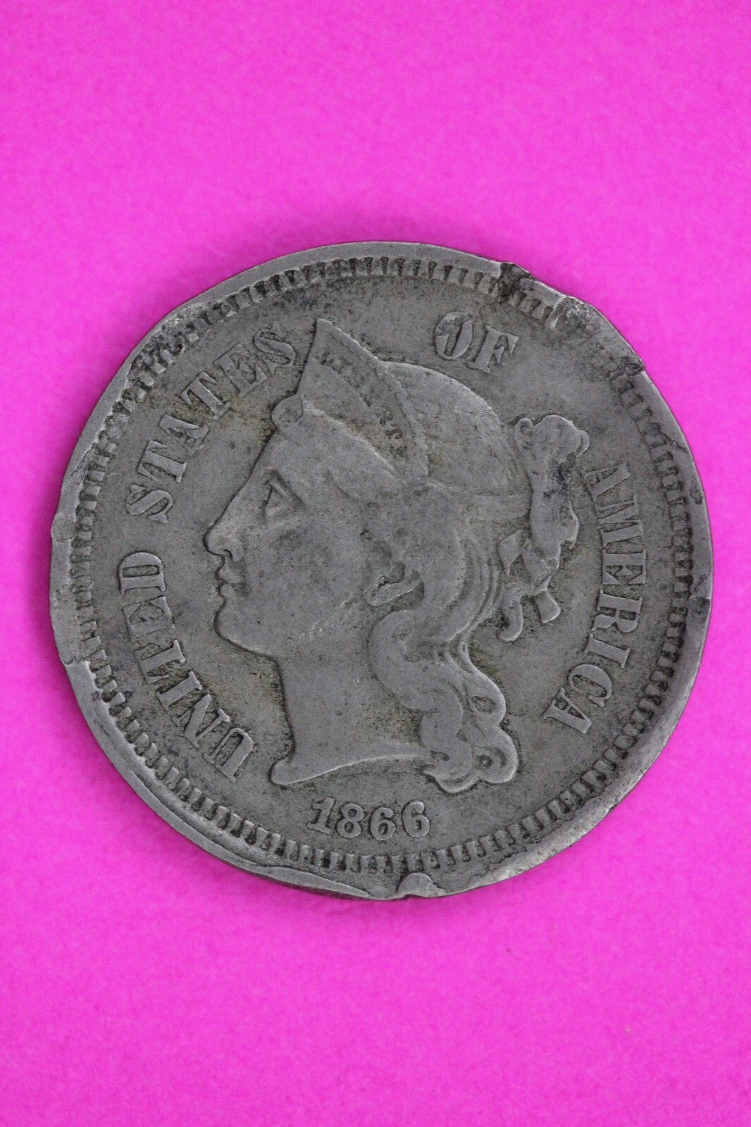 Bent 1866 Three 3 Cent Nickel Guaranteed Authentic & Genuine Free Shipping 1537