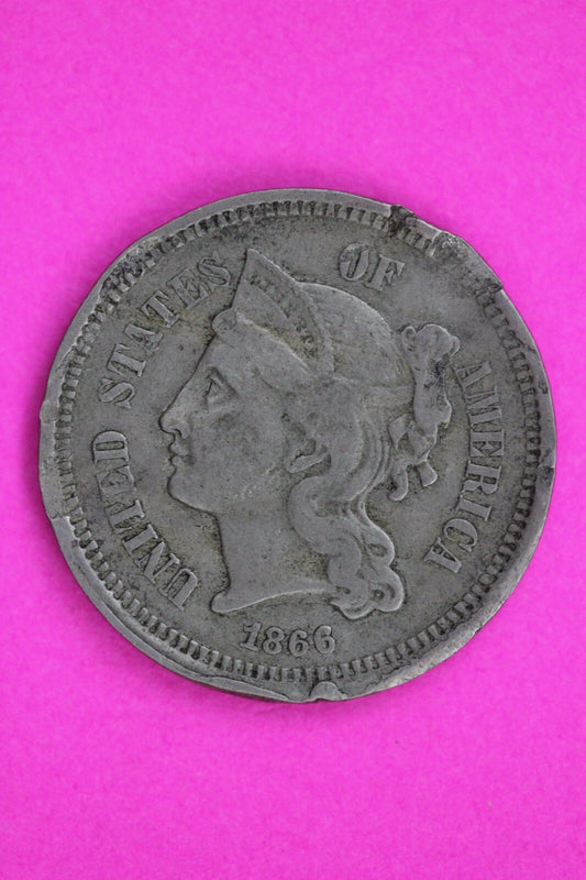 Bent 1866 Three 3 Cent Nickel Guaranteed Authentic & Genuine Free Shipping 1537