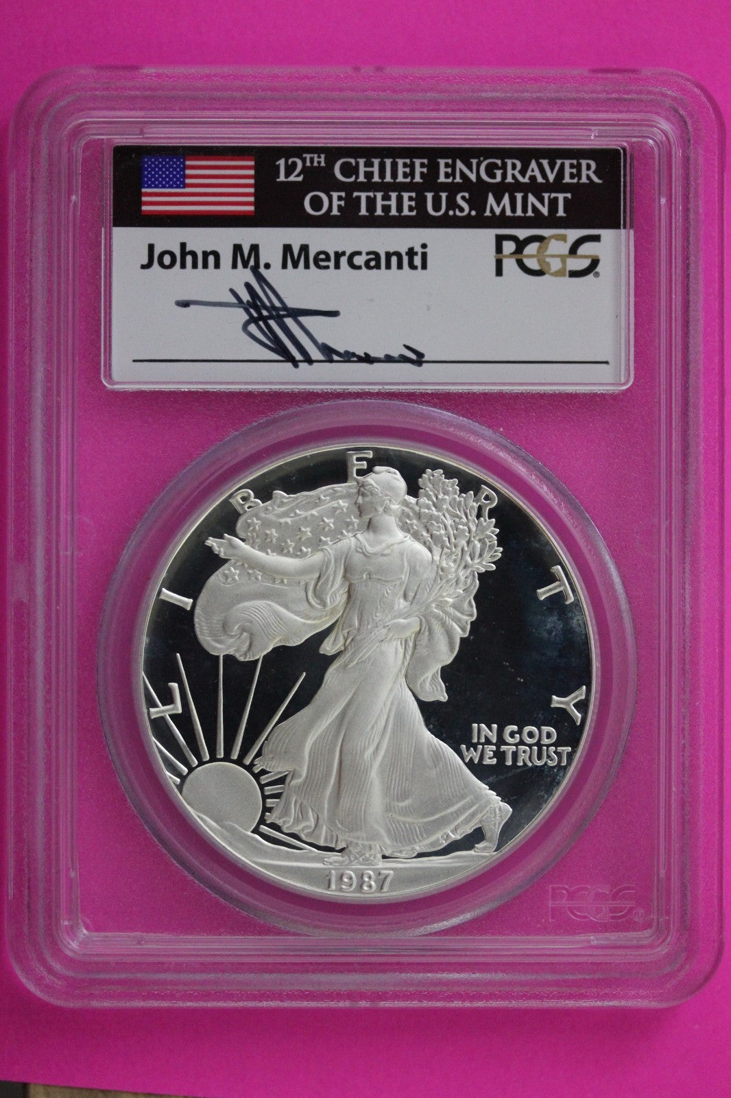1987 S PR 70 Silver American Eagle Mercanti Signature PCGS Certified Slab 354