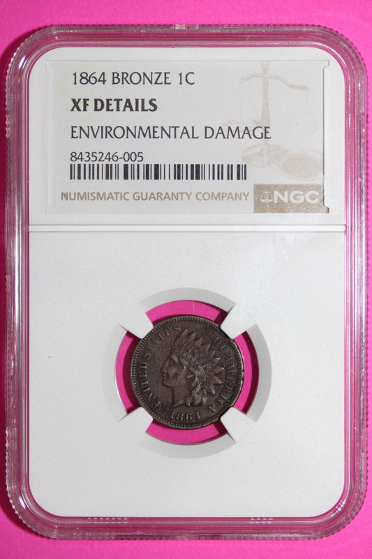 1864 Bronze Indian Head Cent Penny XF Details Environnmental Damage NGC 904