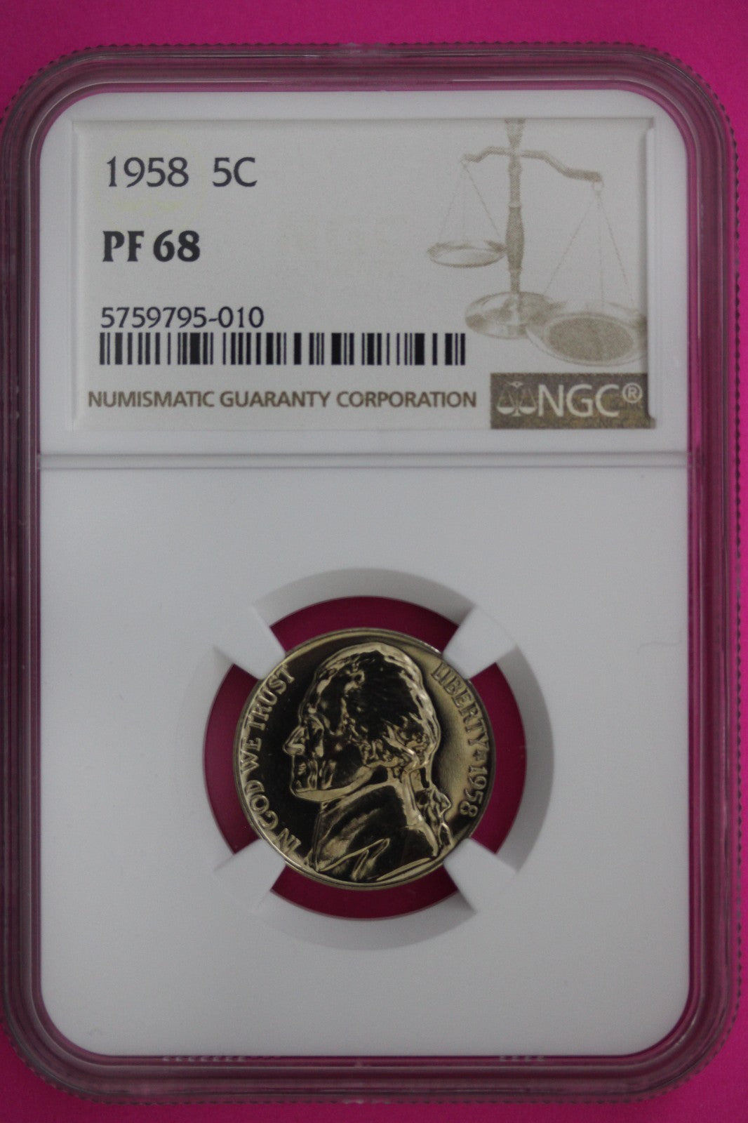 1958 PF 68 Jefferson Nickel NGC Certified Graded Authentic Genuine Slab 328