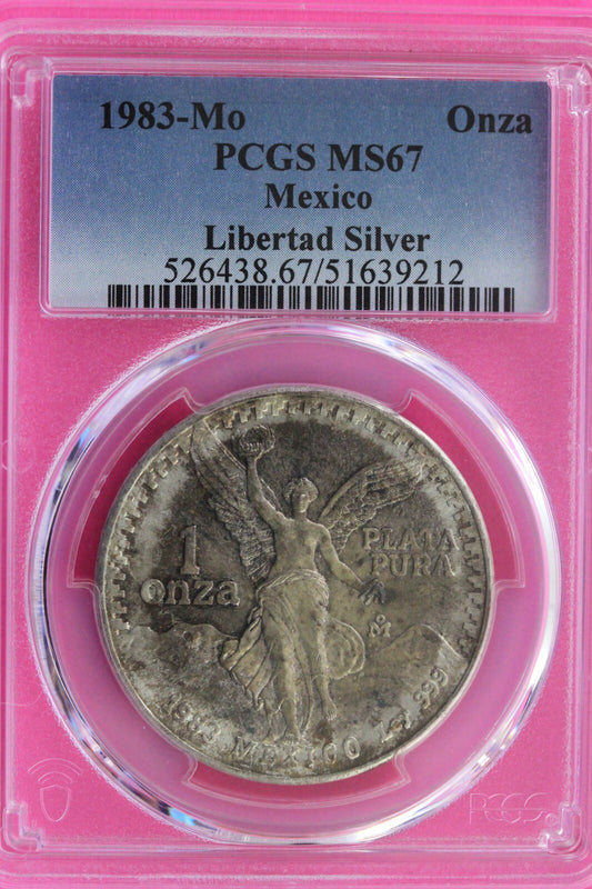 End of Roll Toned 1983 MS 67 Libertad Mexico 1 OZ Silver Coin PCGS Certified 100