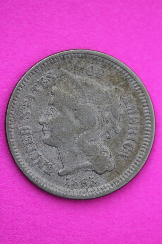 1865 Three 3 Cent Nickel Scarce Semi Key Date Type Coin Philadelphia Mint 20