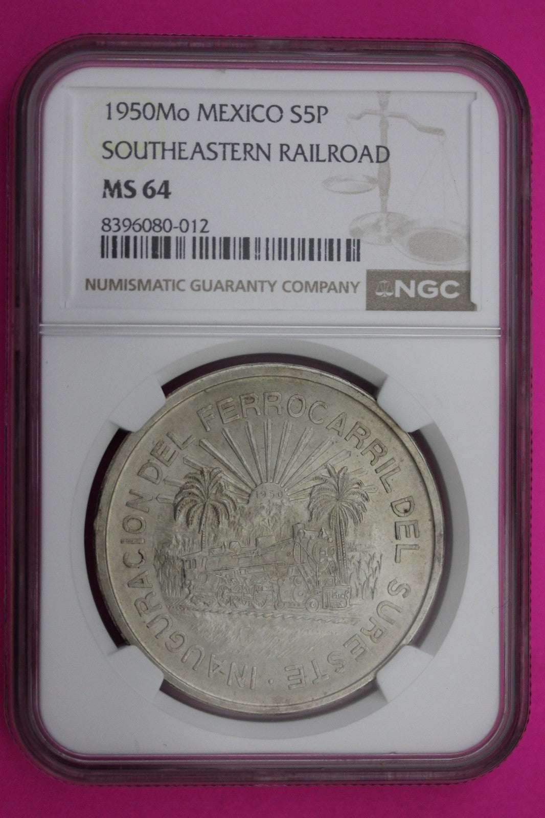 1950 MO MS 64 Mexico South Eastern Railroad 5 Pesos Silver Coin NGC Slab 629