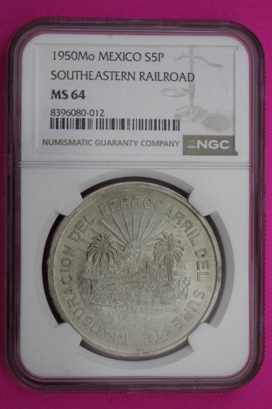 1950 MO MS 64 Mexico South Eastern Railroad 5 Pesos Silver Coin NGC Slab 629