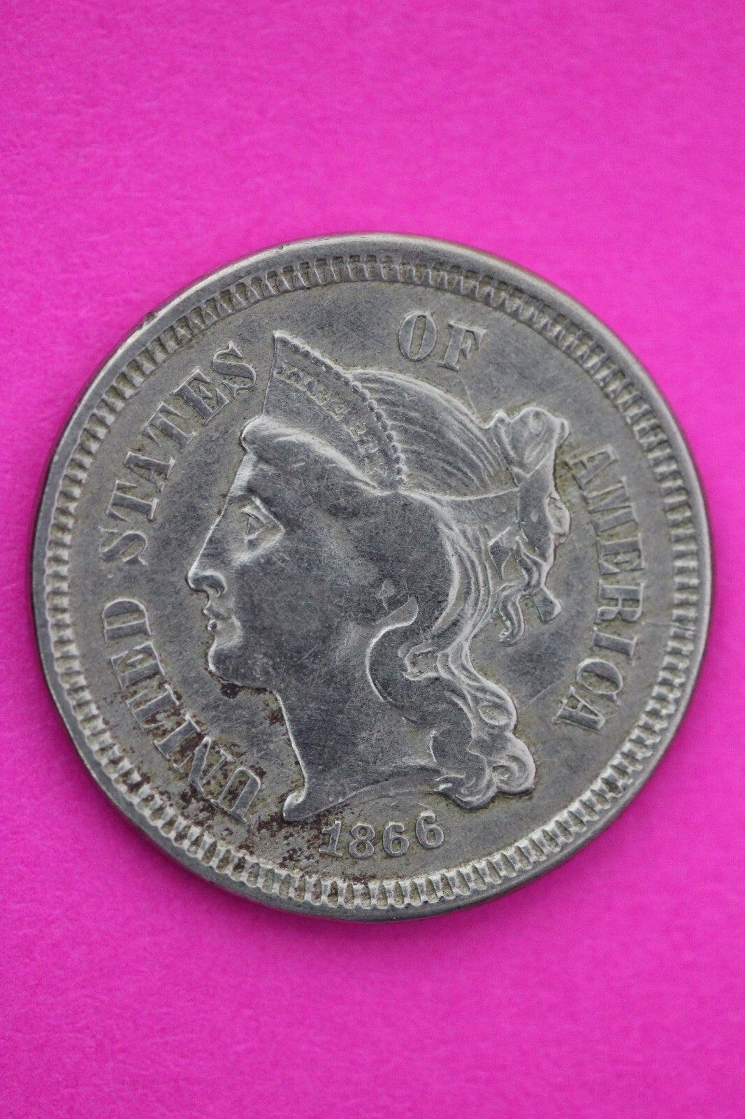 1866 Hi Grade Three 3 Cent Nickel Scarce Semi Key Date Coin Philadelphia Mint 47