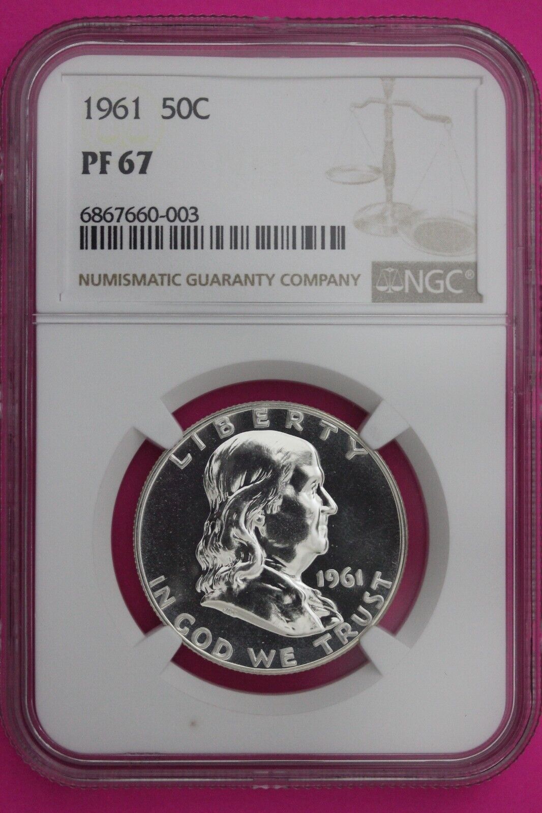 1961 PF 67 Ben Franklin Silver Proof Half Dollar NGC Graded Certified Slab 804