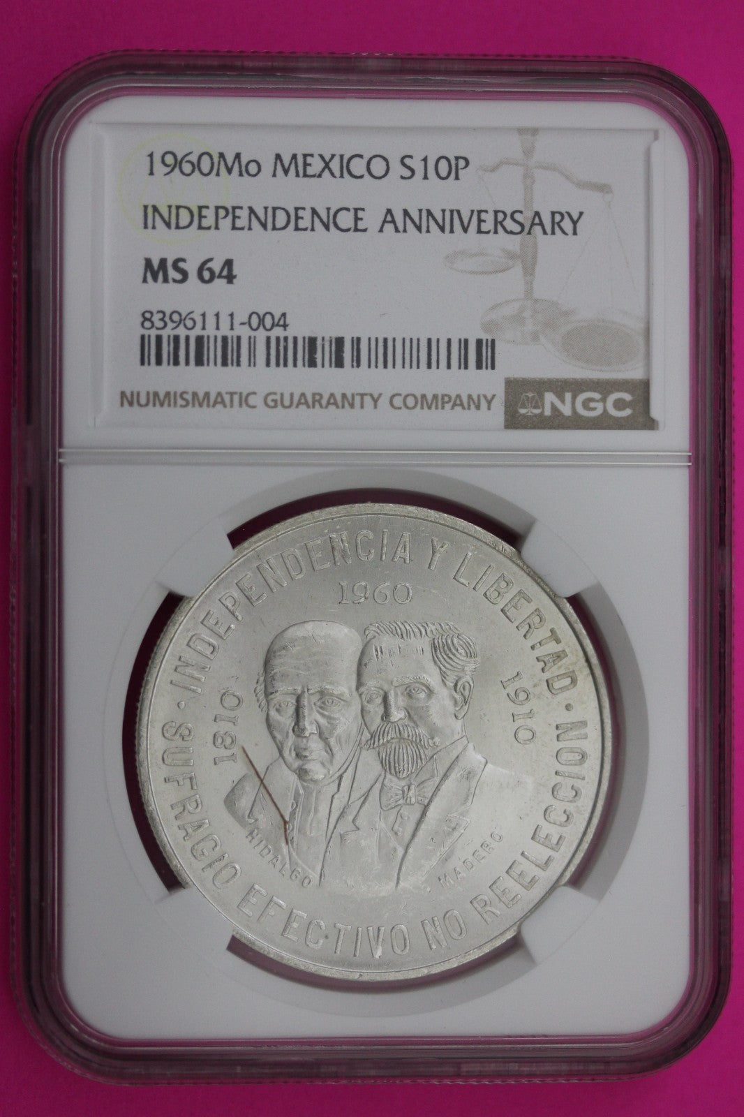 1960 MS 64 Mexico 10 Pesos Silver Coin NGC Authentic Graded Authentic Slab 566