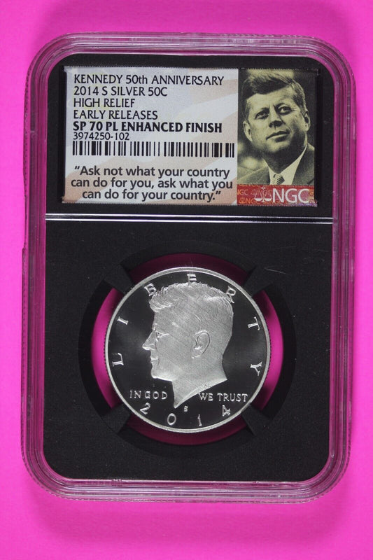2014 S EU 70 Enhanced Silver 50th Anniversary Kennedy Half Dollar NGC Slab 635