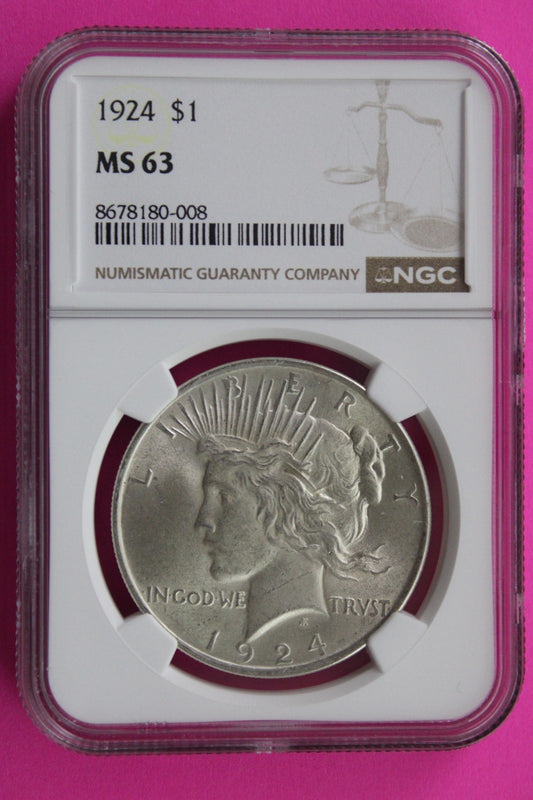 1924 P MS 63 Liberty Peace Silver Dollar NGC Certified Graded Authentic 731