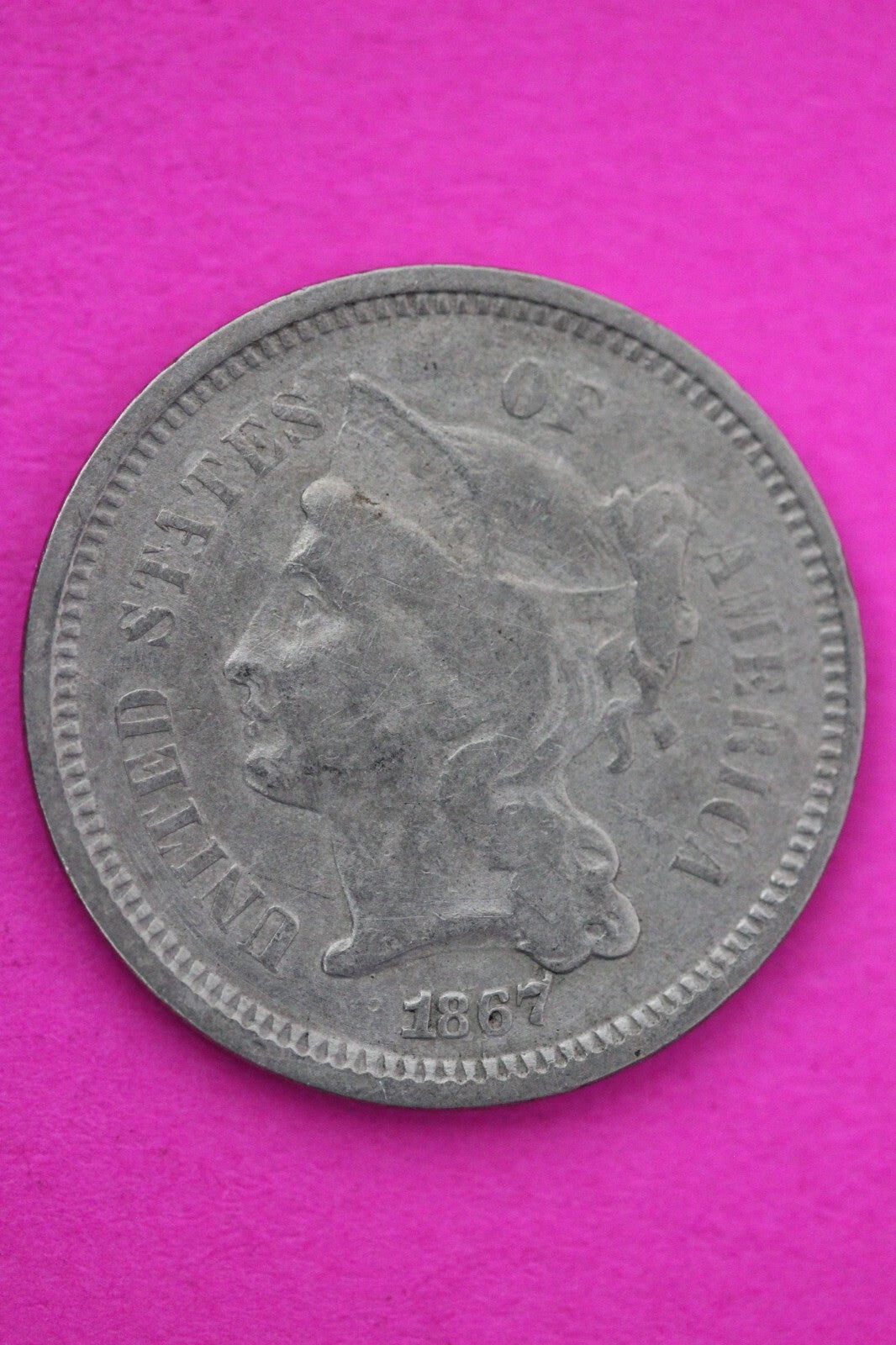 1867 Three 3 Cent Nickel Scarce Semi Key Date Type Coin Philadelphia Mint 101