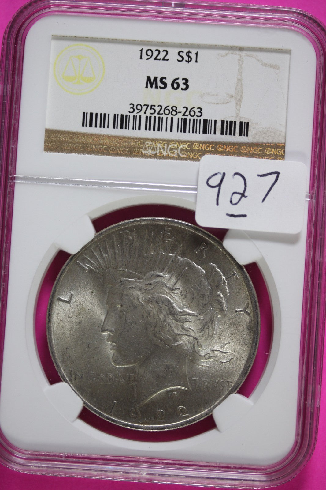 1922 P MS 63 Liberty Peace Silver Dollar NGC Certified Graded Authentic 927