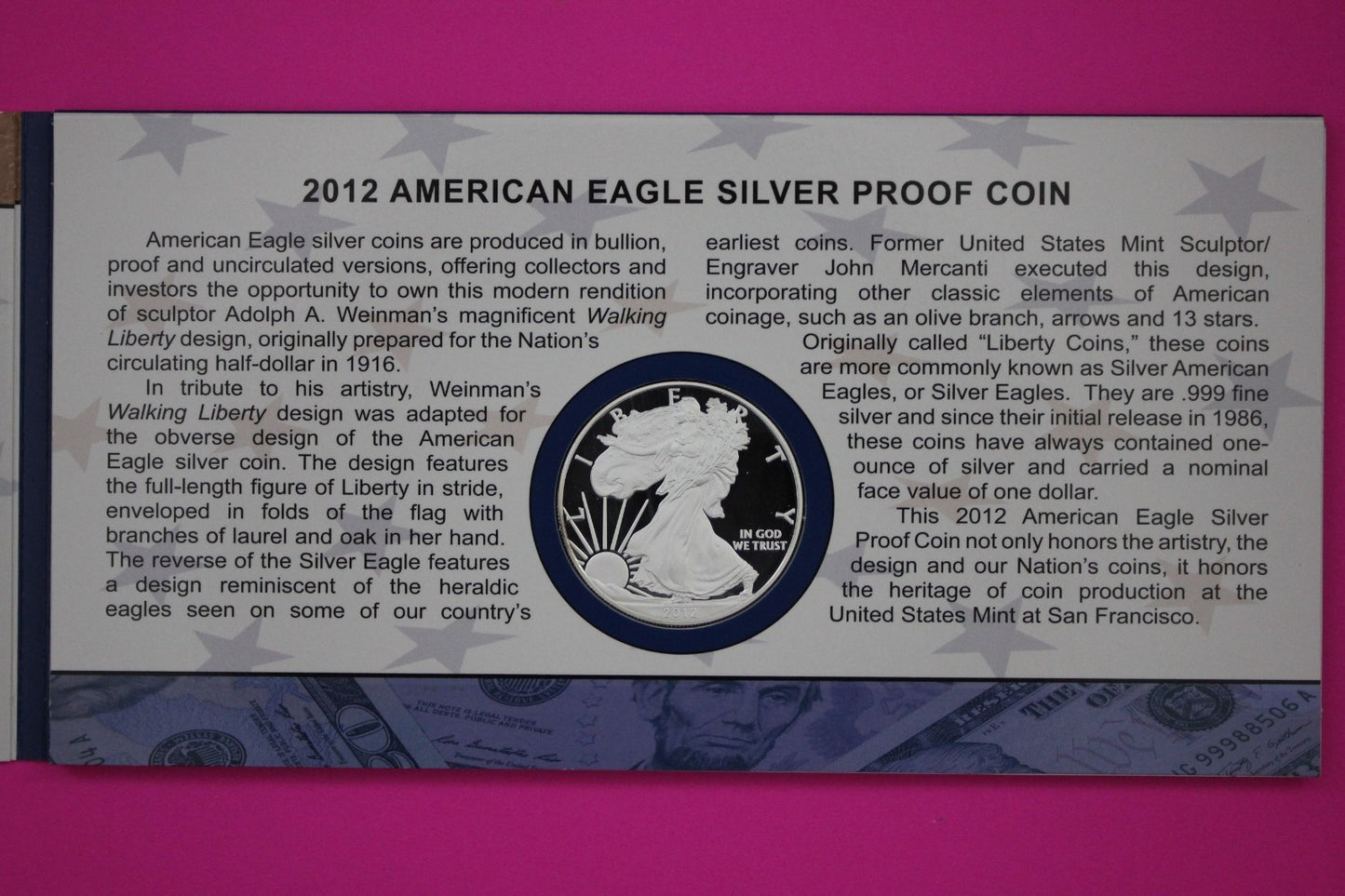 2012 Coin & Currency Set Proof 1 OZ .999 Fine Silver Eagle & $5 Note COA 9024