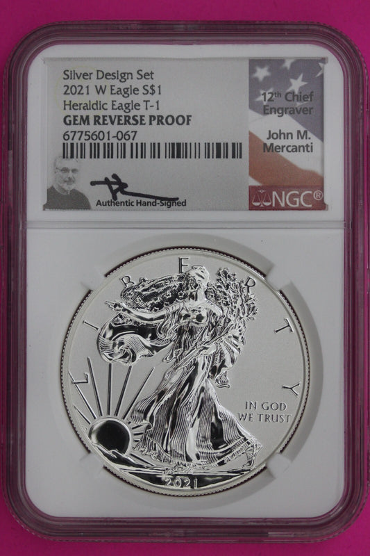 2021 W T1 Gem Reverse Proof Silver Eagle NGC Slab John Mercanti Signature 503