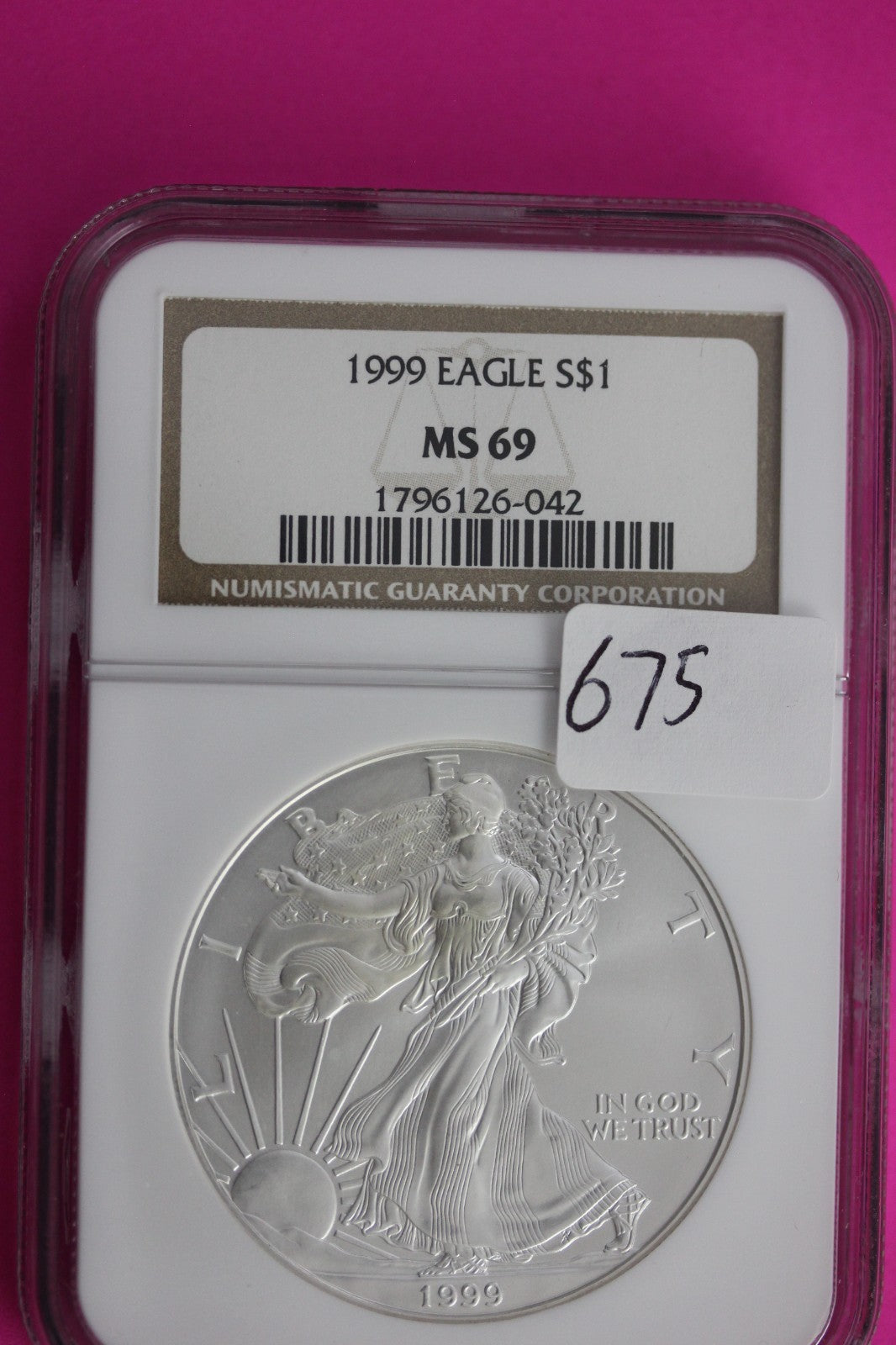1999 MS 69 Silver Eagle 1 OZ .999 Silver NGC Certified Authentic Graded 675