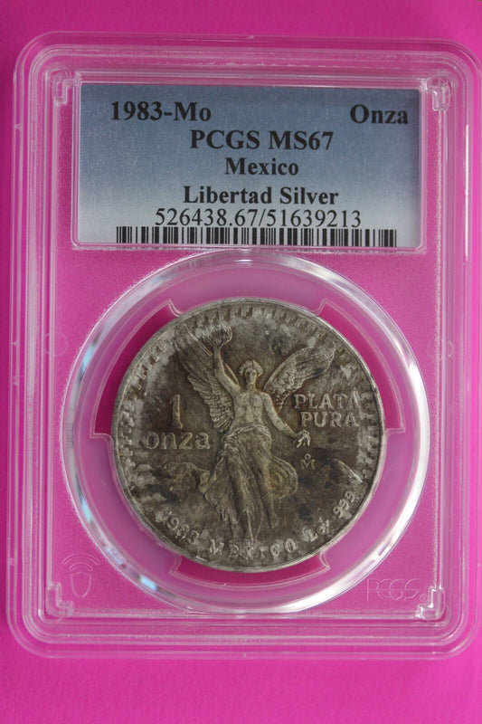 End Of Roll Toned 1983 MS 67 Libertad Mexico 1 OZ Silver Coin PCGS Certified 232