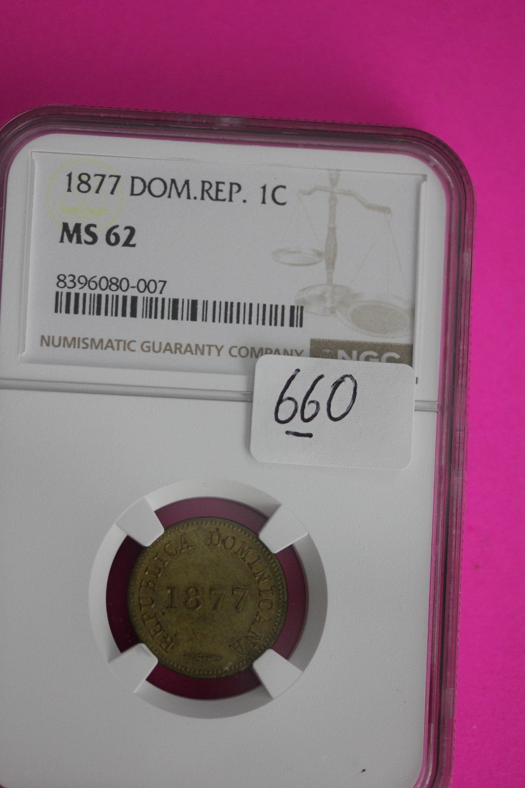 1877 MS 62 Dominican Republic 1 Centavo Coin NGC Certified Graded Authentic 660
