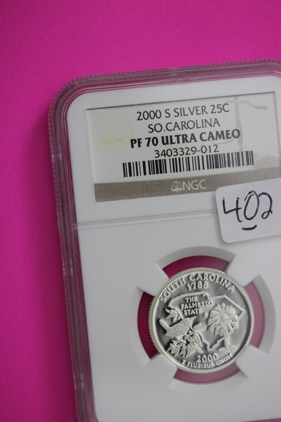 2000 S PF 70 South Carolina Silver State Quarter NGC Certified Authentic 402