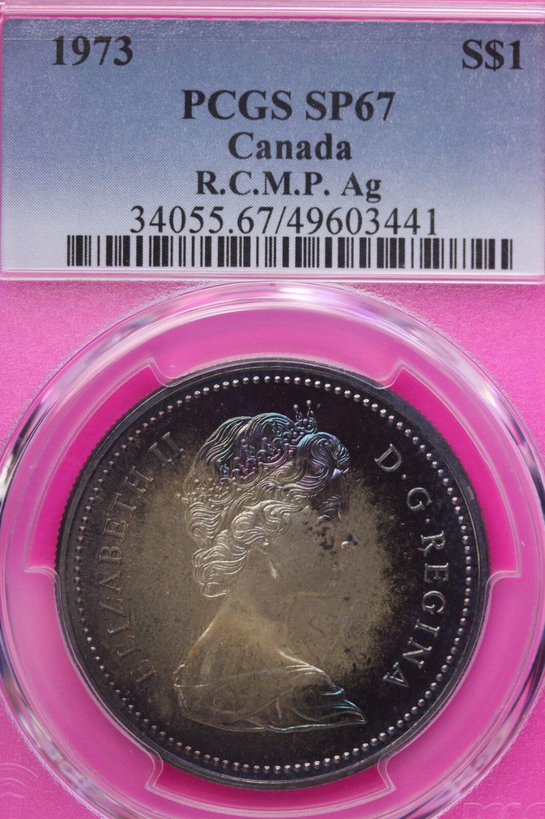 Rainbow Toned 1973 SP 65 Canada RC Mounted Police Silver Dollar PCGS Graded 741